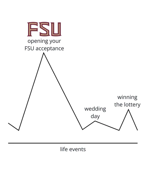 Line graph humorously depicting life events. The x-axis is labeled "life events." There are peaks at "opening your FSU acceptance," "wedding day," and "winning the lottery," with the highest peak at "opening your FSU acceptance."
