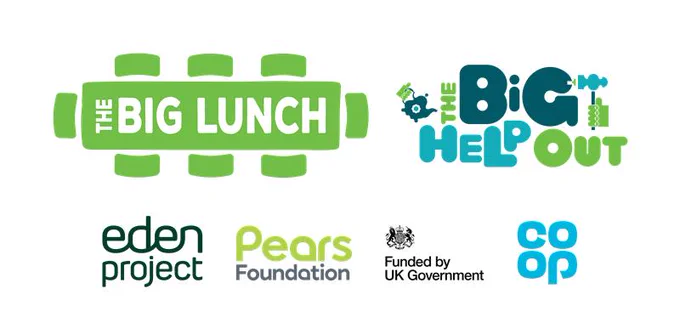 Logos for the Big Lunch and Big Help Out, alongside partners the Eden Project, Pears Foundation, UK Government and Co-Op.