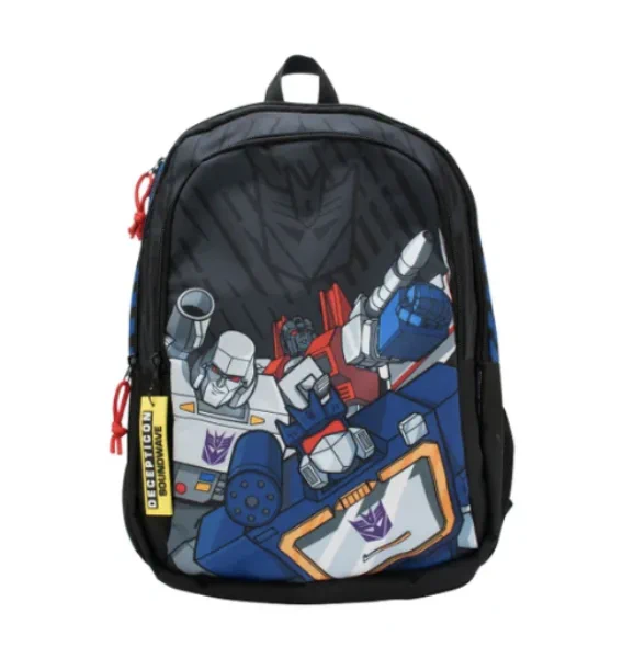 An image of a Transformers backpack which features a print of Megatron, Starscream, and Soundwave.