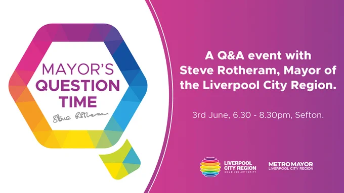 Colorful hexagonal logo with text announcing a Q&A event featuring Steve Rotheram, Mayor of Liverpool City Region, on June 3rd in Sefton.