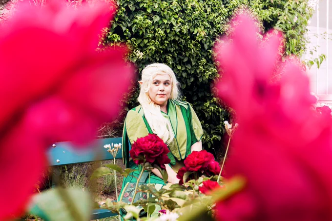 a picture of chloe dressed as silky from the magic faraway tree
the shot is line dup between two flowers and chloe is sitting on a green bench in the middle