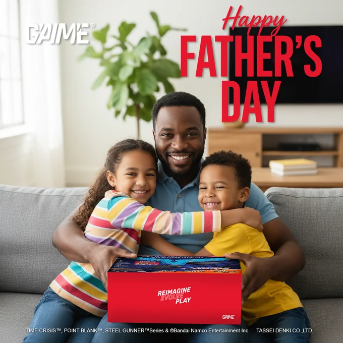 A joyful Father's Day scene with a father and two children smiling indoors, holding a gift box. The text 'Happy Father's Day' is prominently displayed.