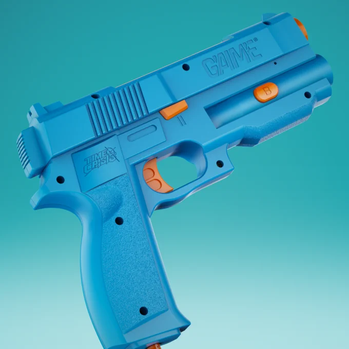 A close-up view of a vibrant blue and orange toy gun set against a gradient blue background. The toy features detailed text and logo engravings, conveying a playful and colorful mood.