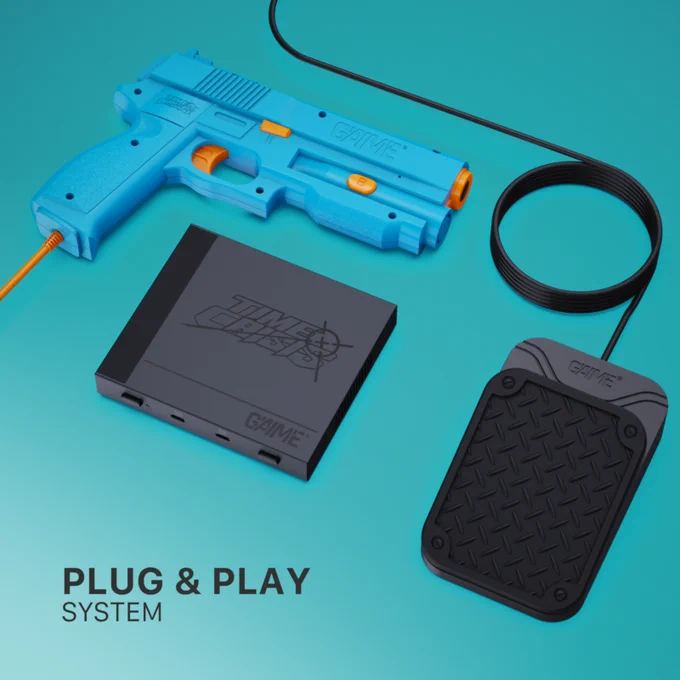 A retro-style game system featuring a blue game gun, black console, and footpedal. The setup offers a nostalgic gaming experience with its simplistic design and plug-and-play functionality.