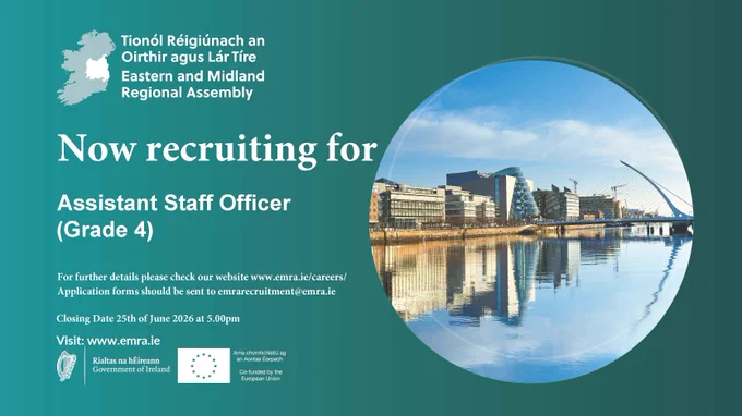 The EMRA are recruiting for an Assistant Staff Officer, (Grade 4) More information on www.emra.ie/careers Closing date 25th June 2025 at 5pm.  Application forms to be sent to emrarecuitment@emra.ie 
Image shows a picture of the river Liffey Dublin City