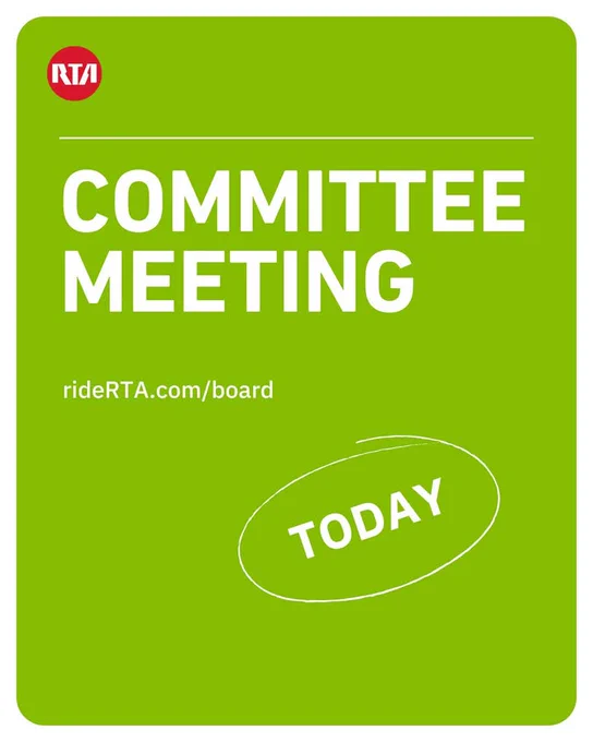 RTA Committee Meeting Today poster in bright green with the website rideRTA.com/board displayed.
