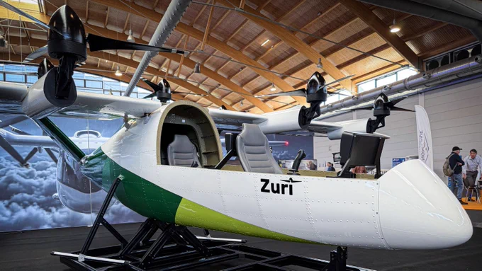 Zuri Technology Demonstrator, display aircraft on its stand at AERO Friedrichshafen 2026