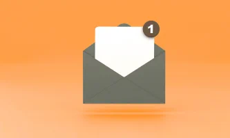 Illustration of a grey envelope on an orange gradient background, with a white letter partially visible inside and a small notification badge showing the number “1” in the top corner of the envelope.
