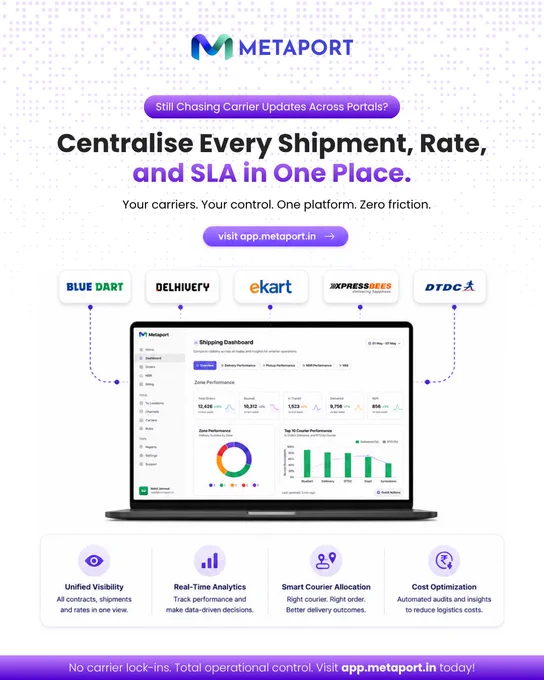Carrier updates get missed because information is scattered. Metaport centralises every shipment, rate, and SLA in one platform. One roof. Total control.
→ app.metaport.in
#FreightTech #CarrierManagement #Metaport