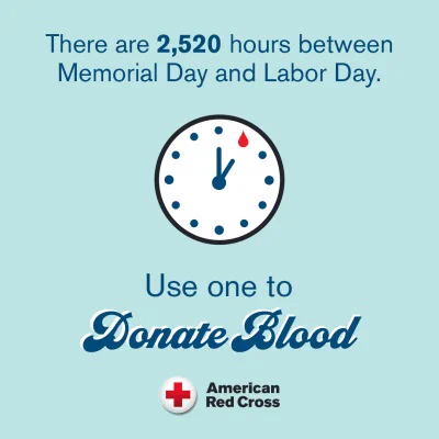 Light blue graphic with text stating, "There are 2,520 hours between Memorial Day and Labor Day." A clock illustration is in the center, followed by, "Use one to Donate Blood," in stylized text. The American Red Cross logo is at the bottom.