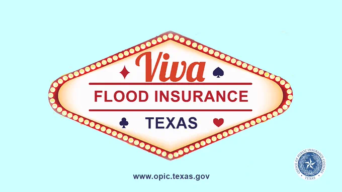 A neon sign in Las Vegas style with the words Viva Flood Insurance on it and the encouragement to consider flood insurance.