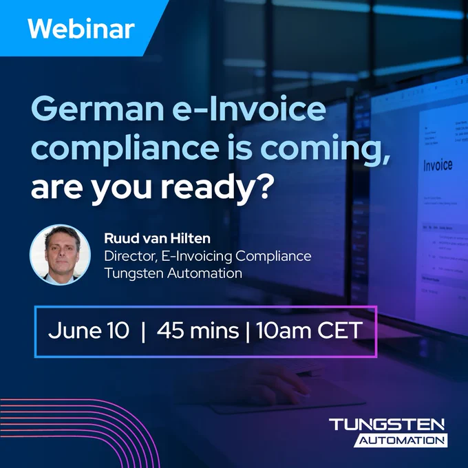 Webinar announcement on German e-Invoice compliance featuring Ruud van Hilten, scheduled for June 10 at 10am CET, lasting 45 minutes.
