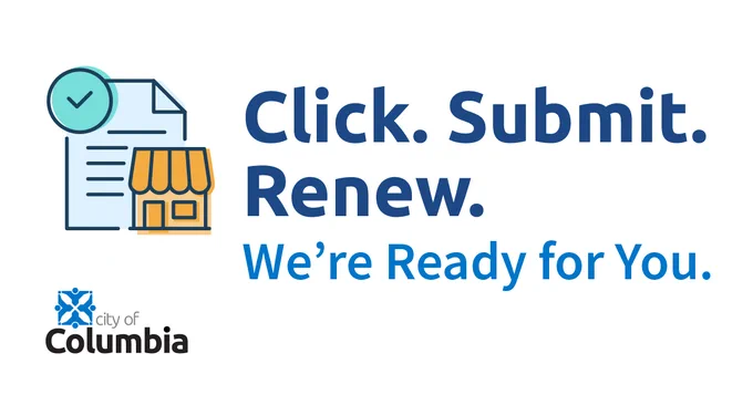 City of Columbia's online renewal process with a document and storefront icon, emphasizing easy submission and readiness to assist.