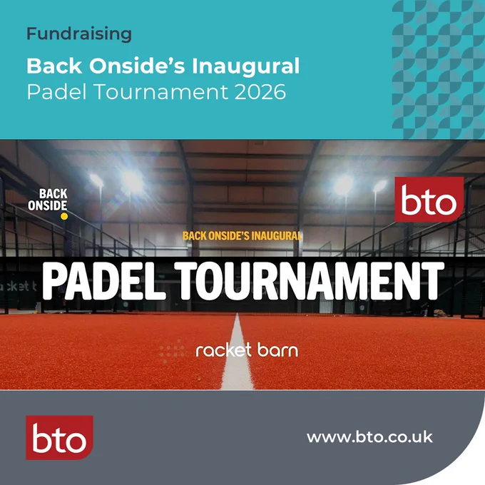 Indoor padel court with bright lights promoting Back Onside's inaugural 2026 fundraising tournament at Racket Barn.