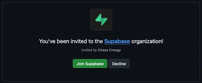 An invitation to the GitHub Supabase organization