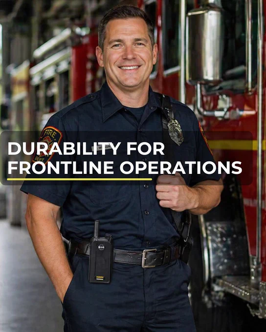 Firefighter wearing an AgozTech radio case on his belt while standing beside a fire truck, with overlay text reading “Durability for Frontline Operations.