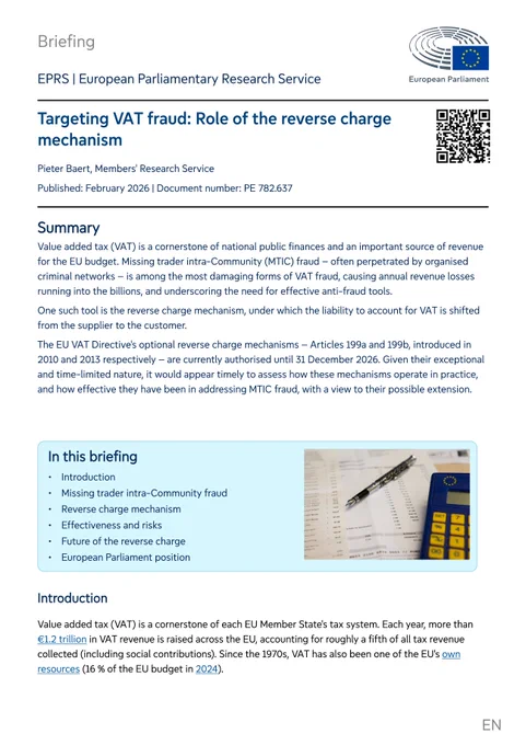 EPRS briefing summary on 'Targeting VAT fraud: Role of the reverse charge mechanism' (February 2026) - first page