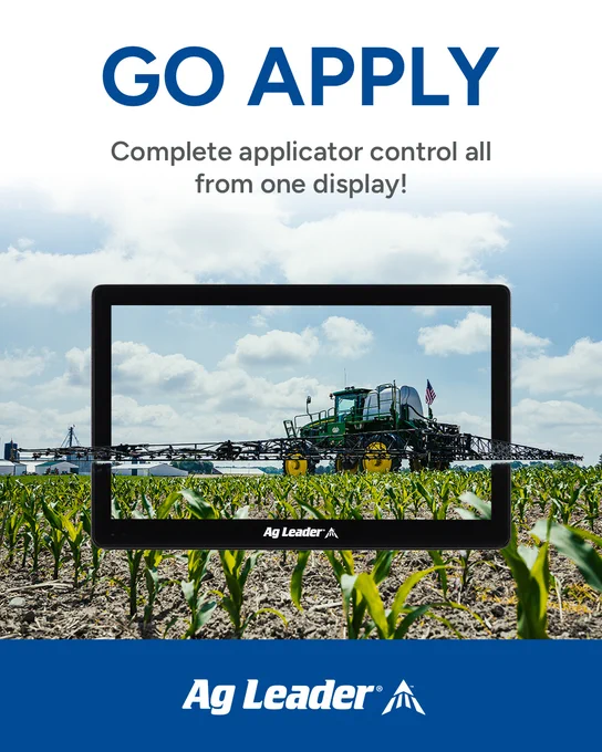 Ag Leader promotional graphic showing a sprayer and InCommand Go display with the text, “Go Apply. Complete applicator control all from one display!”