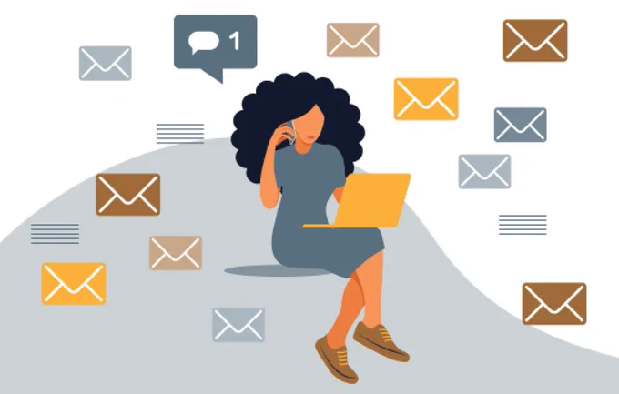 Illustration of a woman sitting with a laptop and phone, surrounded by floating email icons and a message notification.