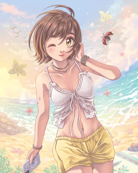 A young woman in a white summer beach outfit and yellow pants strolls along the seaside at dusk, beneath a sky painted in shades of orange and pink, with the beach stretching as far as the eye can see. Art by Jocatchstar
