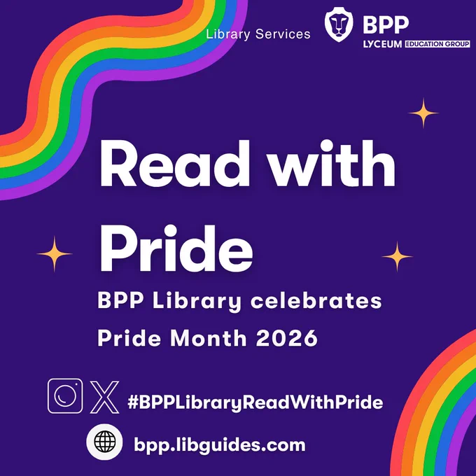 Against a dark purple background decorated with wavy rainbow shapes and gold stars, bold white text reads: 'Read with Pride: BPP Library Celebrates Pride Month 2026'.