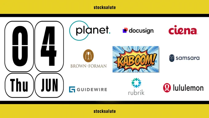 Calendar for stock earnings, the design features a yellow top and bottom banner, date 4 June 2026, is in an airport-style flip board format, with the date on the left side and the following companies on the right side, with logos visible:  Planet Labs, DocuSign, Ciena, Samsara, Lululemon, Rubrik, Guidewire, Brown-Forman.