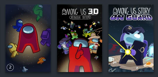 Steam library game collection, with Among Us, Among Us 3D, and Among Us Story: On Guard side by side.