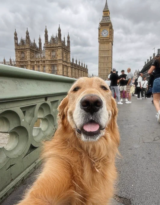 the golden retriever, Bagel, is now posing in front of Big Ben.