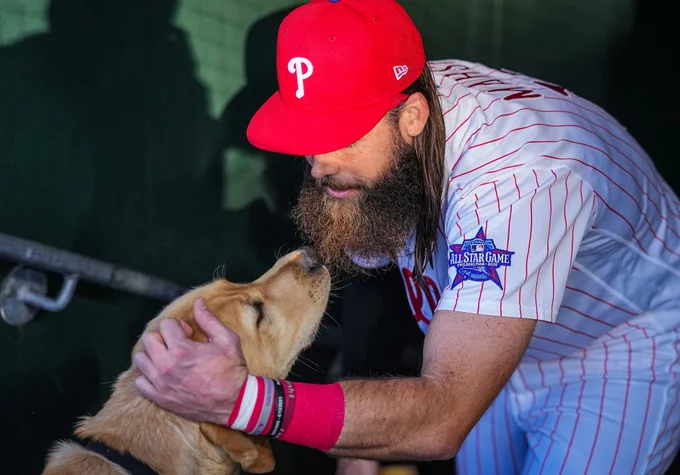 Brandon Marsh and Tugger share a heartfelt moment pregame