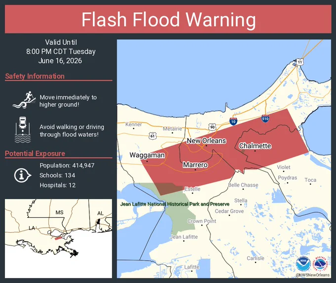 This graphic displays a flash flood warning plotted on a map. The warning is in effect until 8:00 PM CDT. The warning includes New Orleans LA, Marrero LA and Terrytown LA.  This warning is for East Central St. Charles Parish. Avoid walking or driving through flood waters! Move immediately to higher ground! There are 414,947 people in the warning along with 134 schools and 12 hospitals.