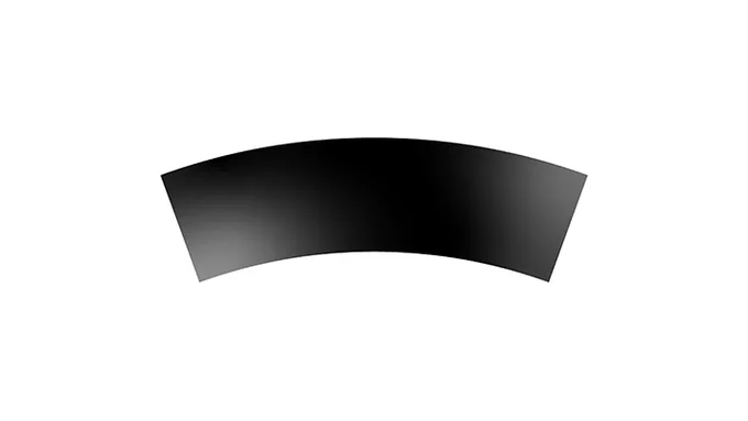 黒い弧状の形が白い背景に配置されています。この形は、中央が広く、両端に向かって徐々に細くなっています。全体的に滑らかな曲線を描いており、シンプルで抽象的なデザインです。