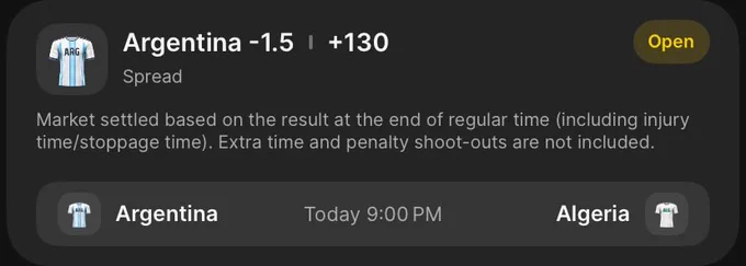SMALL Unit Stake 

Model  Probability: 46.19%  
Edge: 2.71% 

The Argentina -1.5 line represents a thinner edge, resulting in a much more defensive, small-unit stake to keep your account safe from unexpected variance.