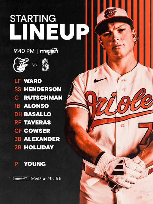 Orioles at Mariners | O’s Starting Lineup | 9:40 p.m. | MASN

LF - Ward
SS - Henderson
C - Rutschman
1B - Alonso
DH - Basallo
RF - Taveras
CF - Cowser
3B - Alexander
2B - Holliday
P - Young

The graphic features an image of Holliday looking at the camera. He is wearing a white Orioles uniform and a tri-color cap.