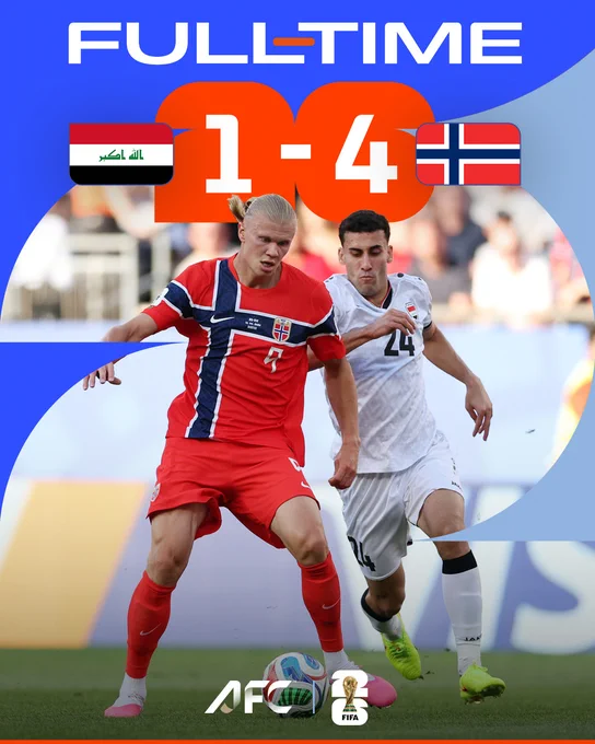 A football match result image showing Norway defeating Iraq 1-4. Features players in action with scores and flags.
