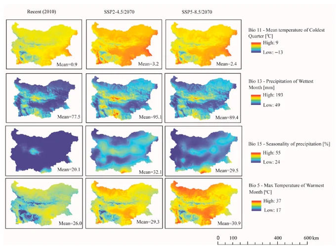  Climate changes on the territory of Bulgaria for the present (1980–2010) and the period 2040–2070 according to the CMIP6 EC-Earth3-Veg model for two climate scenarios (SSP2-4.5, SSP5-8.5)