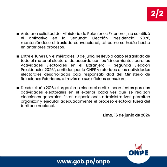 Ante versiones difundidas sobre las actas electorales provenientes del extranjero, precisamos los procedimientos de traslado y recepción aplicados durante la Segunda Elección Presidencial 2026, así como sobre el marco normativo correspondiente.
