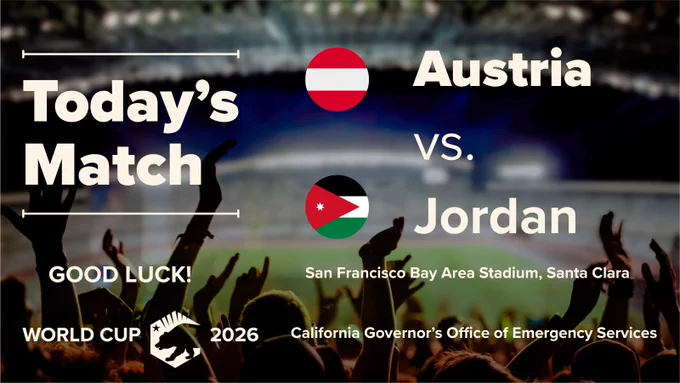 The graphic shows text that reads “Today’s Match, Austria vs. Jordan, San Francisco Bay Area Stadium, Santa Clara. It contains a background image of a crowd cheering during a soccer match and includes the flags of the two countries.  