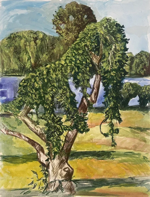 Cooper River Scene 6/16/2026 Gouache on Paper 11 x 14 inches.

Great get together with other artists painting outside at Cooper River by the Hopkins House.
#nathanrutkowskiartist #communityofartists #artinnature #landscapepainting