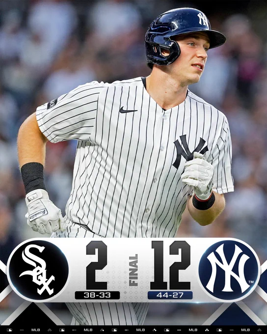 Final Score Graphic 6/16/26
Chicago White Sox 2 (38–33), New York Yankees 12 (44-27)
Pictured: Ben Rice rounds the bases after hitting a home run. He wears a white pinstriped Yankees uniform and a dark blue batting helmet.