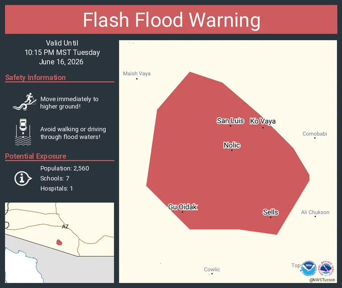 This graphic displays a flash flood warning plotted on a map. The warning is in effect until 10:15 PM MST. The warning includes Sells AZ, Gu Oidak AZ and Ko Vaya AZ.  This warning is for Central Pima County in southeastern Arizona. Avoid walking or driving through flood waters! Move immediately to higher ground! There are 2,560 people in the warning along with 7 schools and 1 hospital.