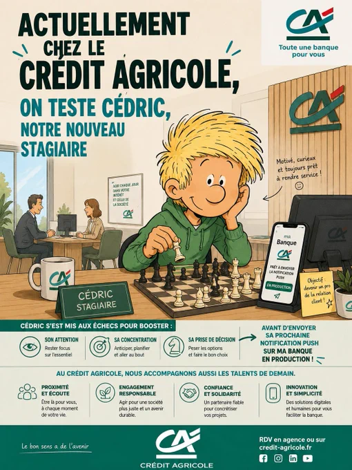 🚨 BREAKING NEWS AU CRÉDIT AGRICOLE ➡️ cedric-agricole.com

Avant d'envoyer sa prochaine notification push sur Ma Banque en production, notre stagiaire Cédric a pris une décision radicale :

♟️ Se mettre aux échecs.

Pourquoi ?
Parce qu'aux échecs, comme dans le numérique, chaque clic compte.

Avant de jouer un coup, il faut :

✅ analyser la situation ;
✅ anticiper les conséquences ;
✅ rester concentré malgré les distractions ;
✅ prendre la meilleure décision sous contrainte de temps.

Finalement, cela ressemble beaucoup à l'envoi d'une notification à plusieurs millions de clients. 😅

Ce que les neurosciences nous apprennent est fascinant : les échecs constituent l'un des meilleurs outils ludiques d'entraînement du cerveau. Ils mobilisent simultanément plusieurs fonctions cognitives de haut niveau :

🧠 l'attention ;
🧠 la mémoire de travail ;
🧠 la concentration ;
🧠 la planification ;
🧠 l'anticipation ;
🧠 la prise de décision.

Autrement dit, chaque partie est une séance de sport 