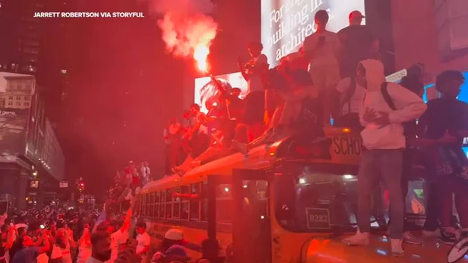 School buses set on fire, teen shot, dozens of arrests as Knicks celebrations erupt into chaos