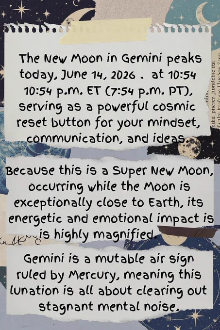 The New Moon in Gemini peaks today, June 14, 2026, at 10:54 p.m. ET (7:54 p.m. PT), serving as a powerful cosmic reset button for your mindset, communication, and ideas. Because this is a Super New Moon #AlisaInez