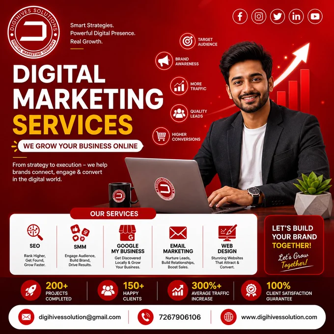 🚀 Digihives Solutions | Best Digital Marketing Company in Varanasi 🚀

Ready to grow your business online? We help businesses increase visibility, generate quality leads, and boost sales with smart digital marketing strategies.

✅ Search Engine Optimization (SEO)
✅ Social Media Marketing (SMM)
✅ Website Design & Development
✅ Google Ads & PPC Campaigns
✅ Lead Generation Services
✅ Content Marketing Solutions
✅ Brand Building & Online Promotion

💻 Turn your digital presence into real business growth with customized marketing solutions designed for your success.

📞 Call Us Today: 072679 06106
📩 Email: digihivessolution@gmail.com
🌐 Website: digihivessolution.com

✨ Grow Faster. Rank Higher. Generate More Leads.
✨ Your Success is Our Digital Mission!

#DigihivesSolutions #DigitalMarketing #SEOCompany #SocialMediaMarketing #WebsiteDevelopment #LeadGeneration #GoogleAds #OnlineMarketing #BusinessGrowth #DigitalBranding #MarketingAgency #VaranasiBusiness #BestSEOCompany #ContentMarketing