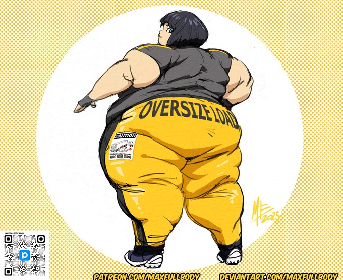 A hefty girl wearing pants with tractor trailer warning patches for "fashion" and comedic effect.

Art and Character design by Max Fullbody, not for use in public works or AI Datasets without permission.