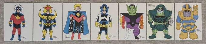 seven sketch cards lain side by side (left to right) Captain Marvel, Richard Rider’s Nova, Star-Lord, Super Skrull, Ronan, Thanos