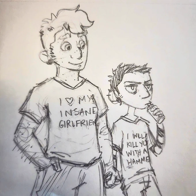 Harrow and Gideon from the Locked Tomb in modern clothing, holding hands. Gideon is wearing a shirt that says "I ❤️ my insane girlfriend" and Harrow is wearing a shirt that says "I will kill you with a hammer".