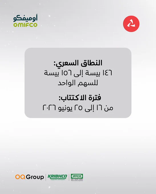 الإطار الثاني:

النطاق السعري:
١٤٦ بيسة إلى ١٥٦ بيسة للسهم الواحد
 
فترة الاكتتاب:  ١٦ يونيو ٢٠٢٦ إلى ٢٥ يونيو ٢٠٢٦