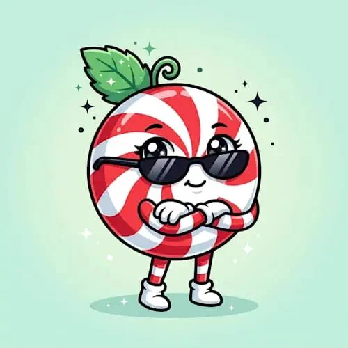 Centered on a light mint-green gradient background with sparkles and stars is a cute cartoon peppermint candy character. The glossy round body has red and white spiral stripes and a green leaf with curly stem on top. The face has large eyes with eyelashes behind black sunglasses and a smile. Crossed white-gloved arms hold a striped candy, with red and white striped legs in white shoes casting a shadow. The illustration uses bold outlines, shiny highlights and vibrant colors.

𝗖𝗿𝗲𝗮𝘁𝗲𝗱 by $MintCandy | FreshMintsCoin @FreshMintsCoin 