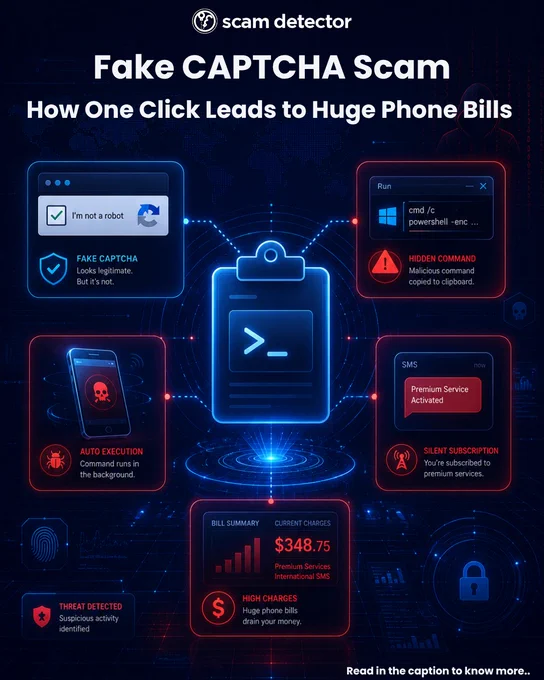 A dark blue Scam Detector infographic explains how a fake CAPTCHA scam can lead to costly phone bills. Neon blue and red panels illustrate the chain of events: a fake “I’m not a robot” check, a hidden command, automatic execution, silent premium service subscriptions, and unexpected charges. The mood is urgent, technical, and focused on cybersecurity awareness.